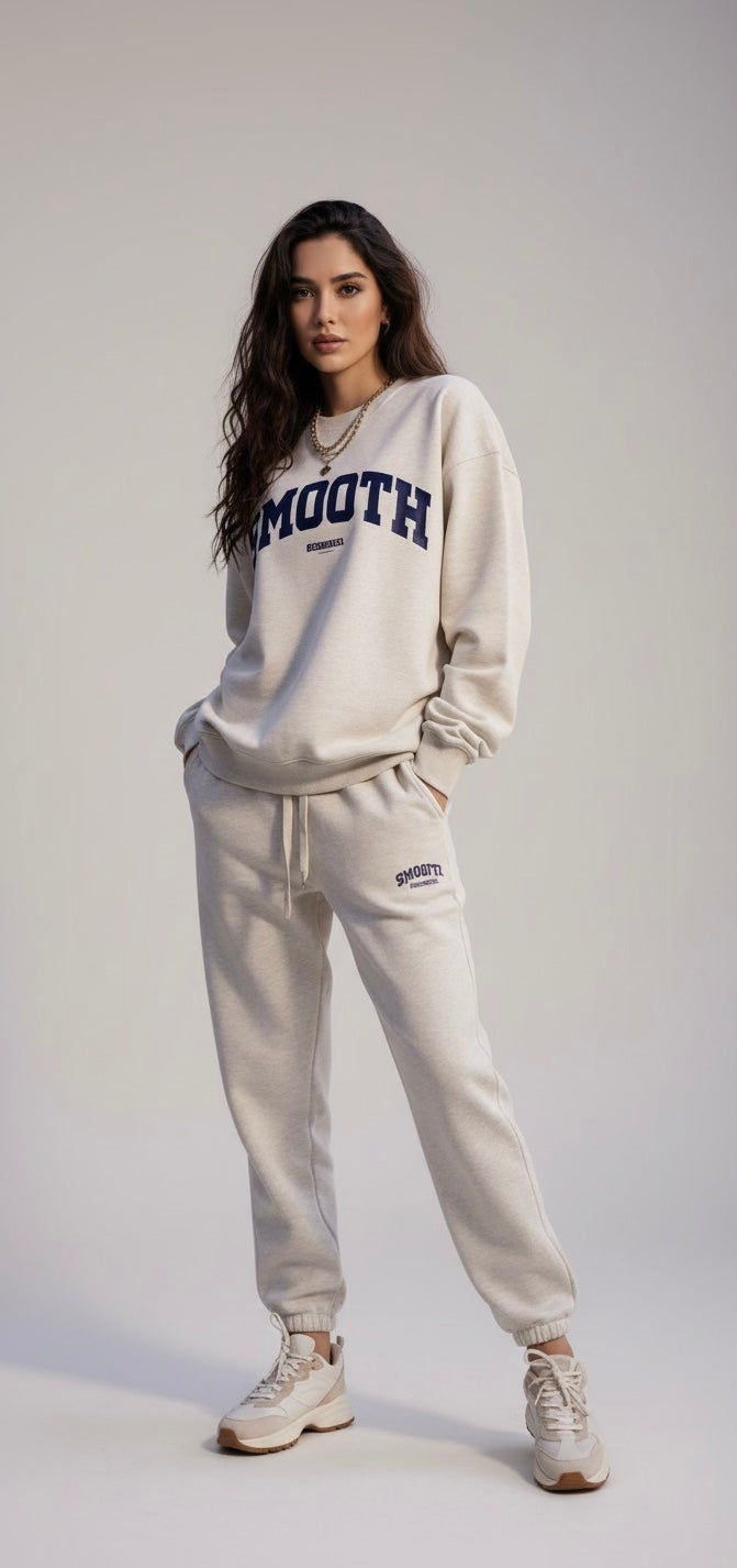 LS Fashion beige women's jogger set with sweatshirt and matching pants styled with sneakers