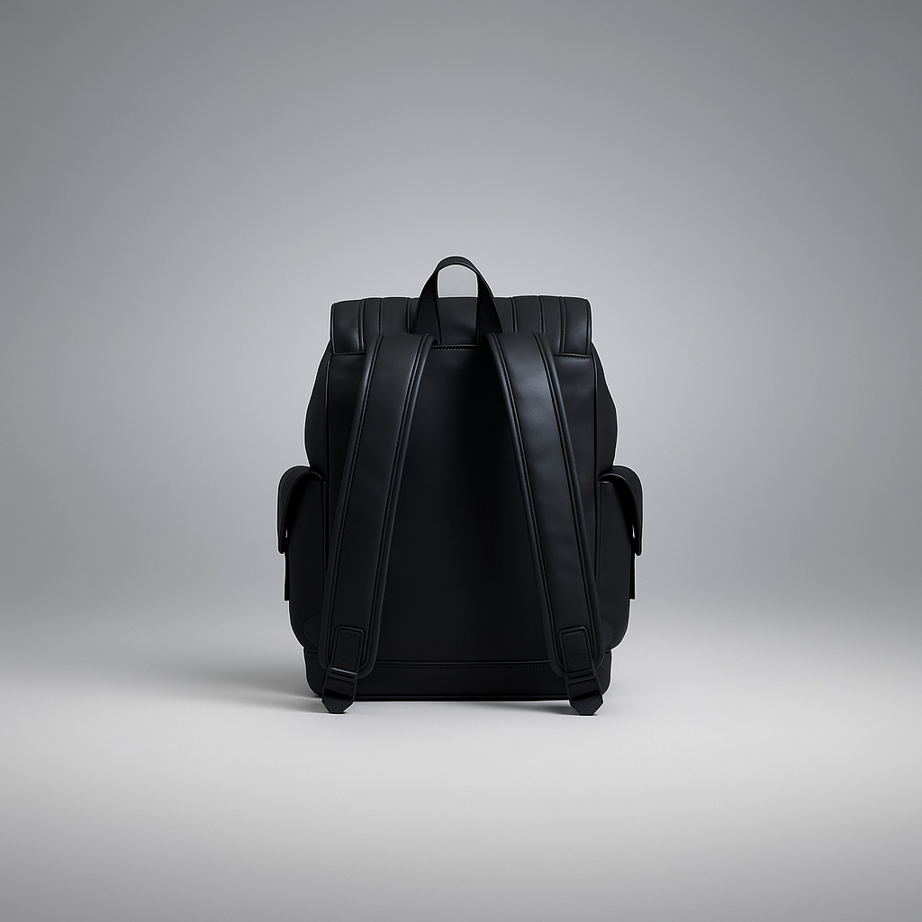 LS Fashion black leather rucksack shown from the back with padded straps and side pockets