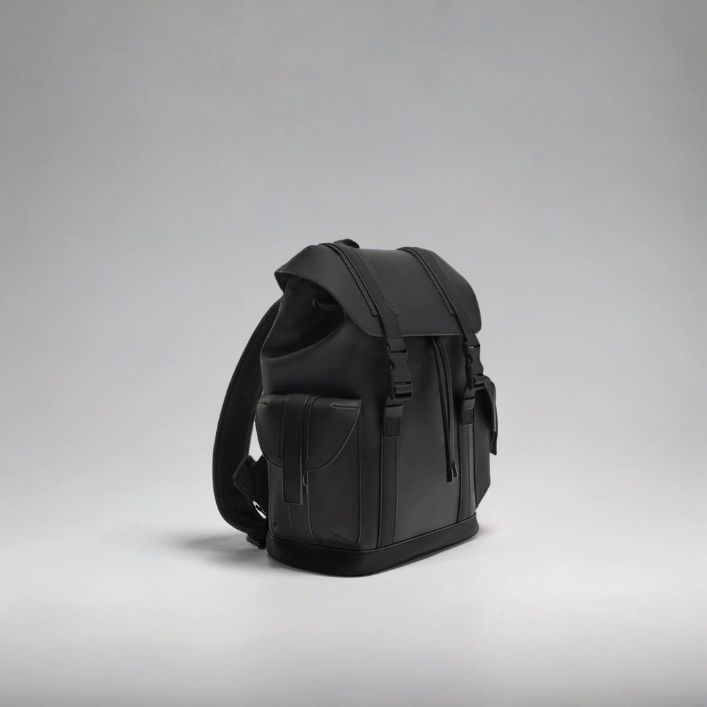 LS Fashion black leather rucksack with multiple pockets and buckle closures for travel