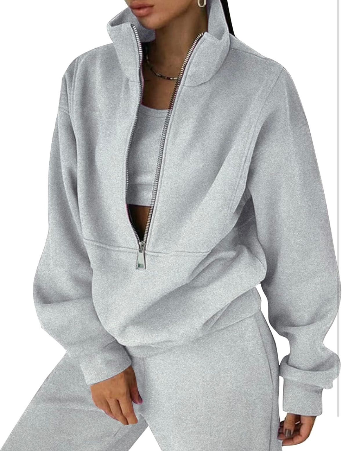 LS Fashion light gray women's jogger set with half-zip pullover and matching jogger pants