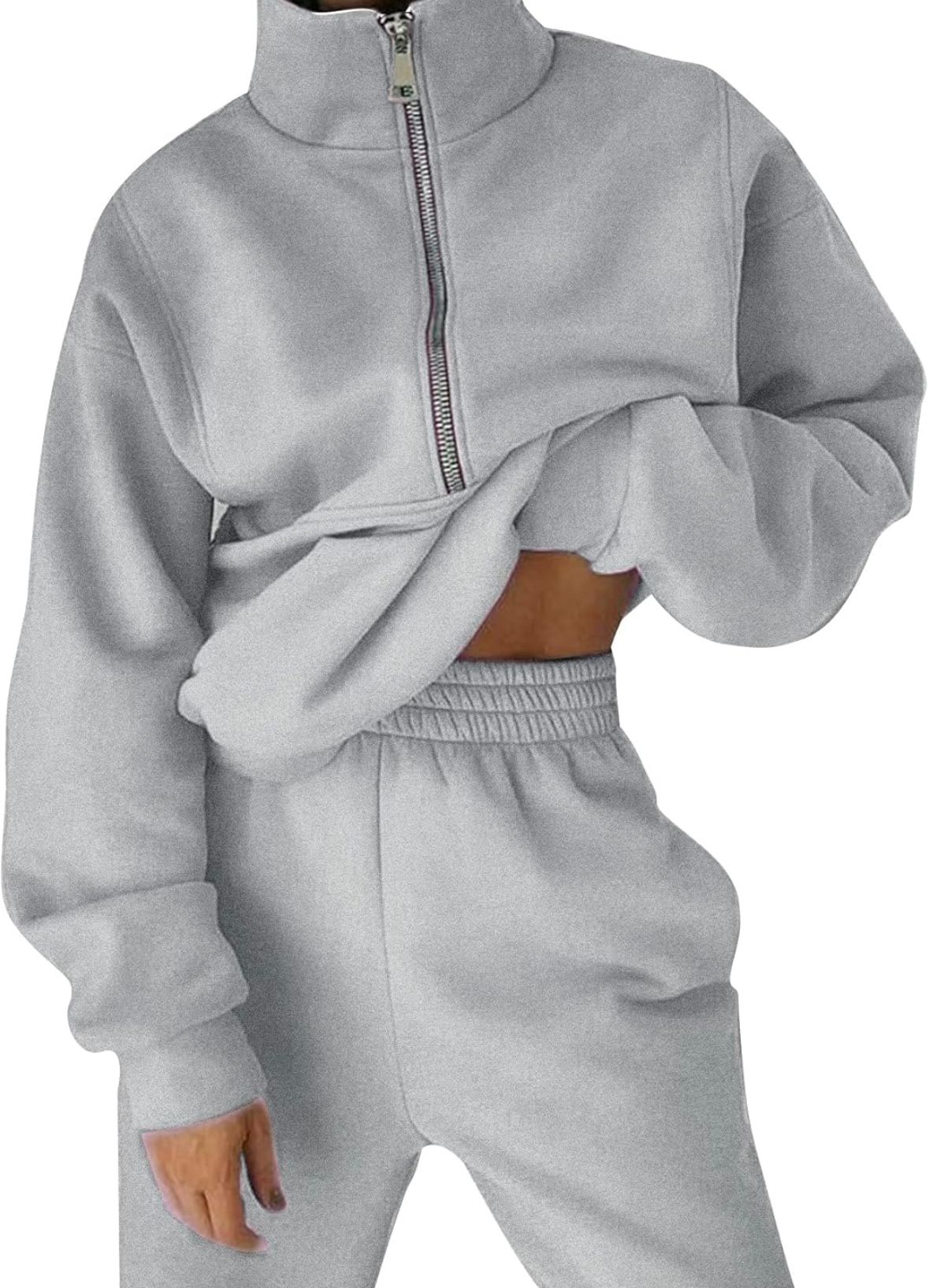 LS Fashion women's jogger set in light gray with a half-zip cropped sweatshirt and high-waisted jogger pants